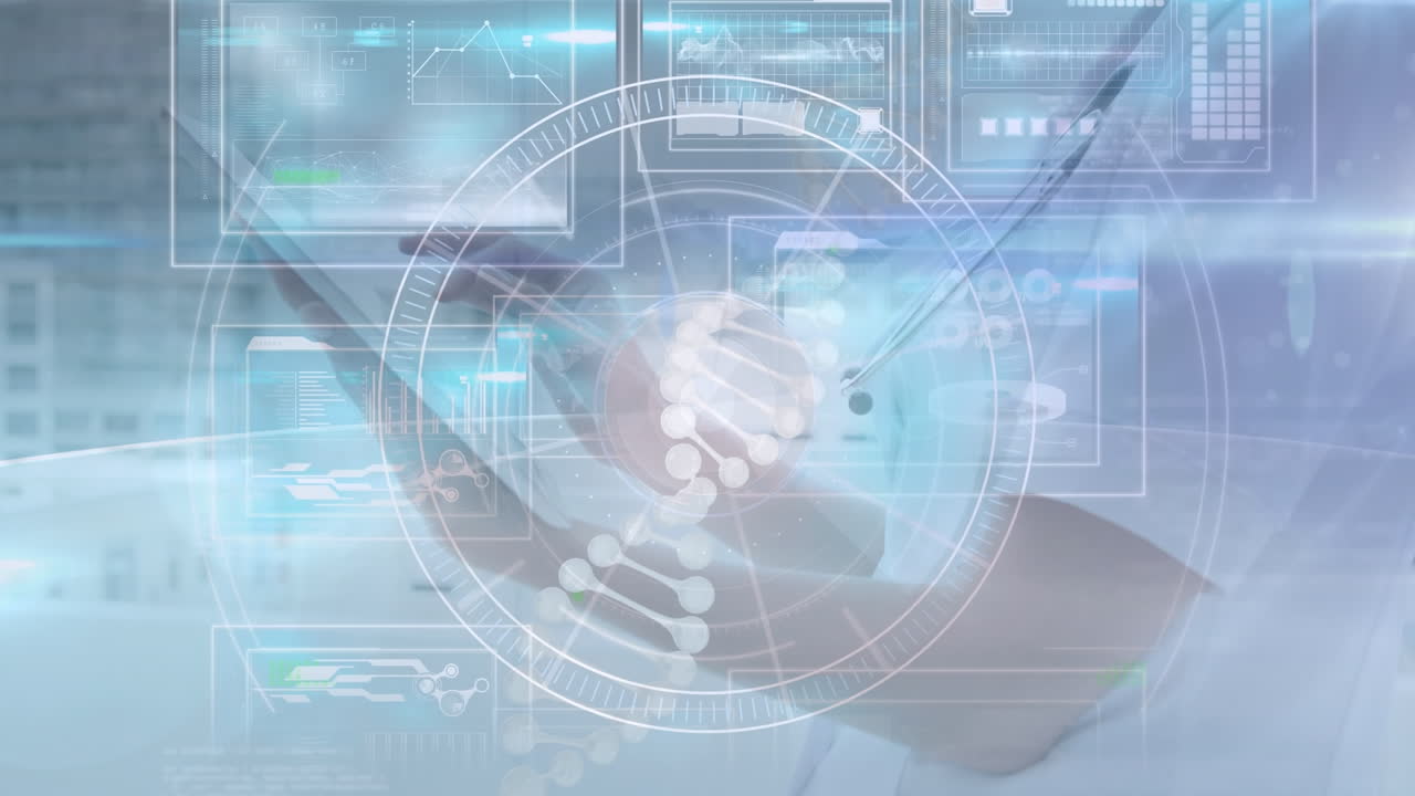 디지털 스크린을 통해 회전하는 dna의 애니메이션과 태블릿을 사용하는 백인 여성의 데이터와 손