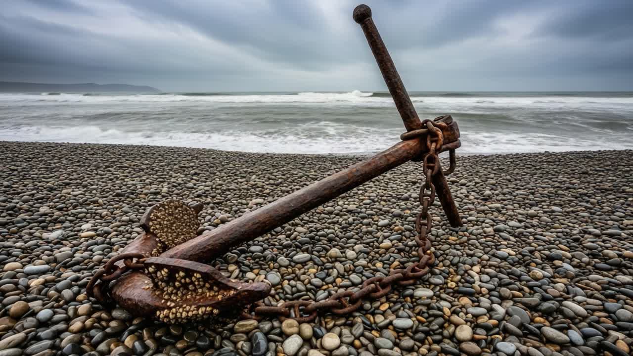 A Rusted Anchor Adrift on a Pebble Beach Under Cloudy Skies, Capturing the Essence of Nature's Relentless Power and Tranquility in a Coastal Landscape