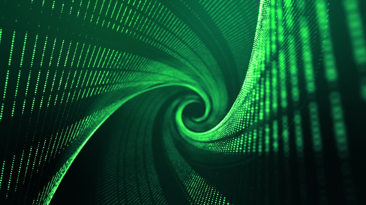 4k looped abstract green background of glow particles form lines, surfaces, spiral structures as futuristic landscape in cyberspace or hologram. Sci-fi theme with DOF, lighting effects and bokeh.
