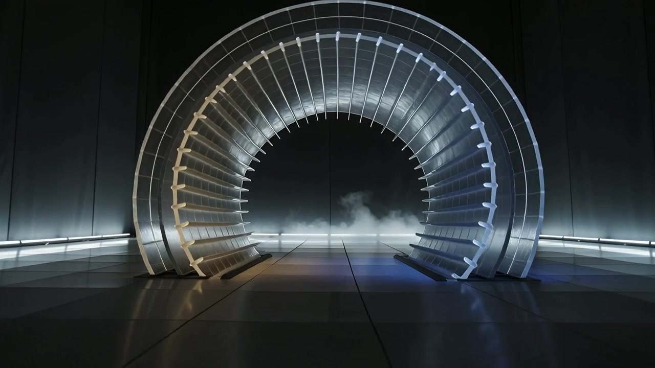 Futuristic Metallic Arch Structure Rotating in Dark Studio