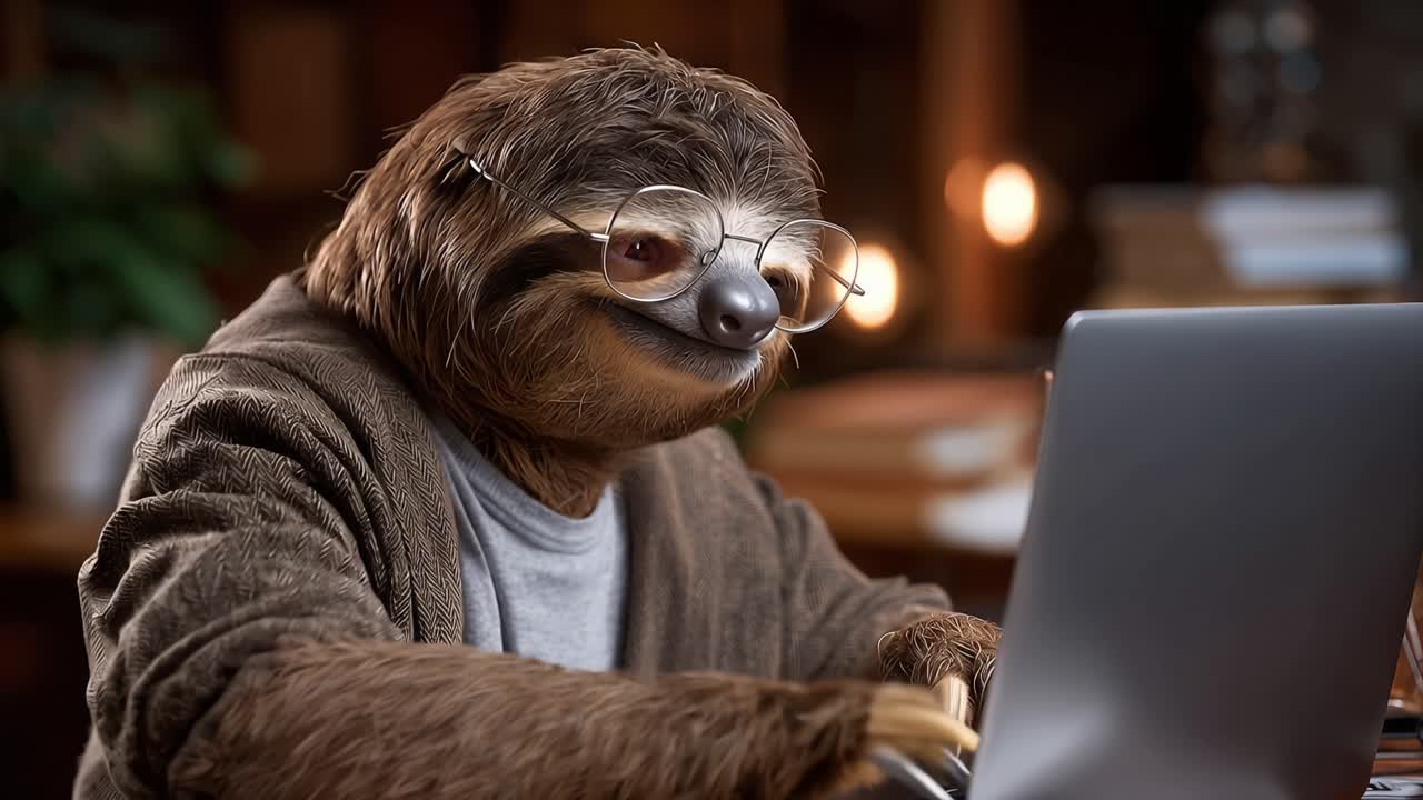 Dovendyr har på seg briller og skriver på en bærbar PC. Varmt rom, dempet belysning, koselig atmosfære. Fokusert, rolig, uforhastet væremåte. Perfekt for humoristiske eller rolig tempo arbeidsscener. Dyret er et dovendyr, ingen planter er vist.