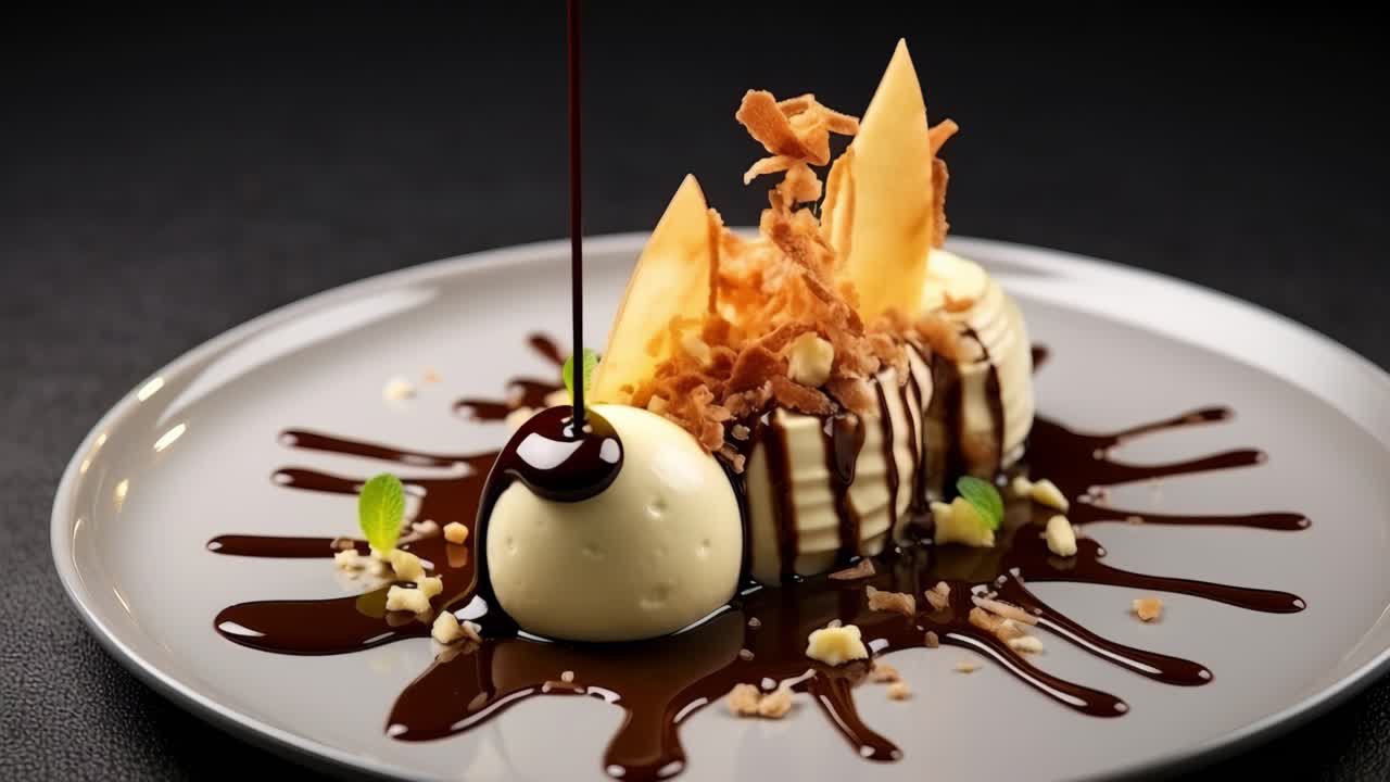 Chef pouring rich chocolate over a delectable dessert featuring pear, coconut flakes, white chocolate, and mint, elegantly arranged on a gray plate against a dark background