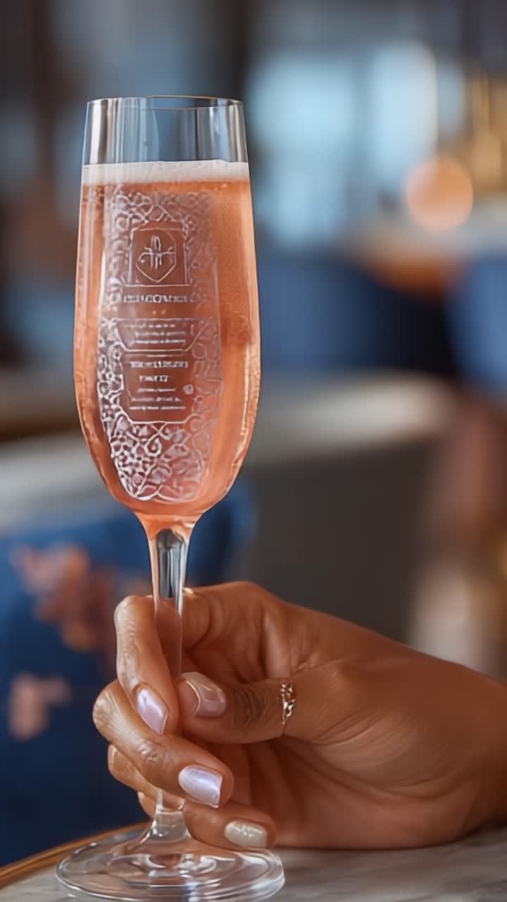 Elegante Hand hält ein sprudelndes Getränk in stilvoller Umgebung, präsentiert ein wunderschön graviertes Champagnerglas mit prickelndem Roségetränk.