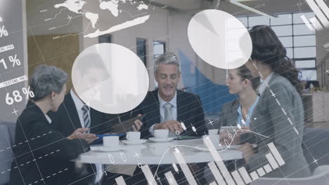 Professionals discussing strategy in meeting with data analytics animation overlaying