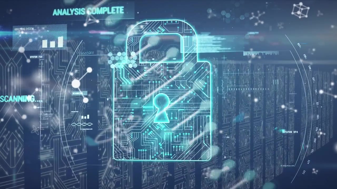 Digital animation showcases a security padlock on a laptop, symbolizing data protection.