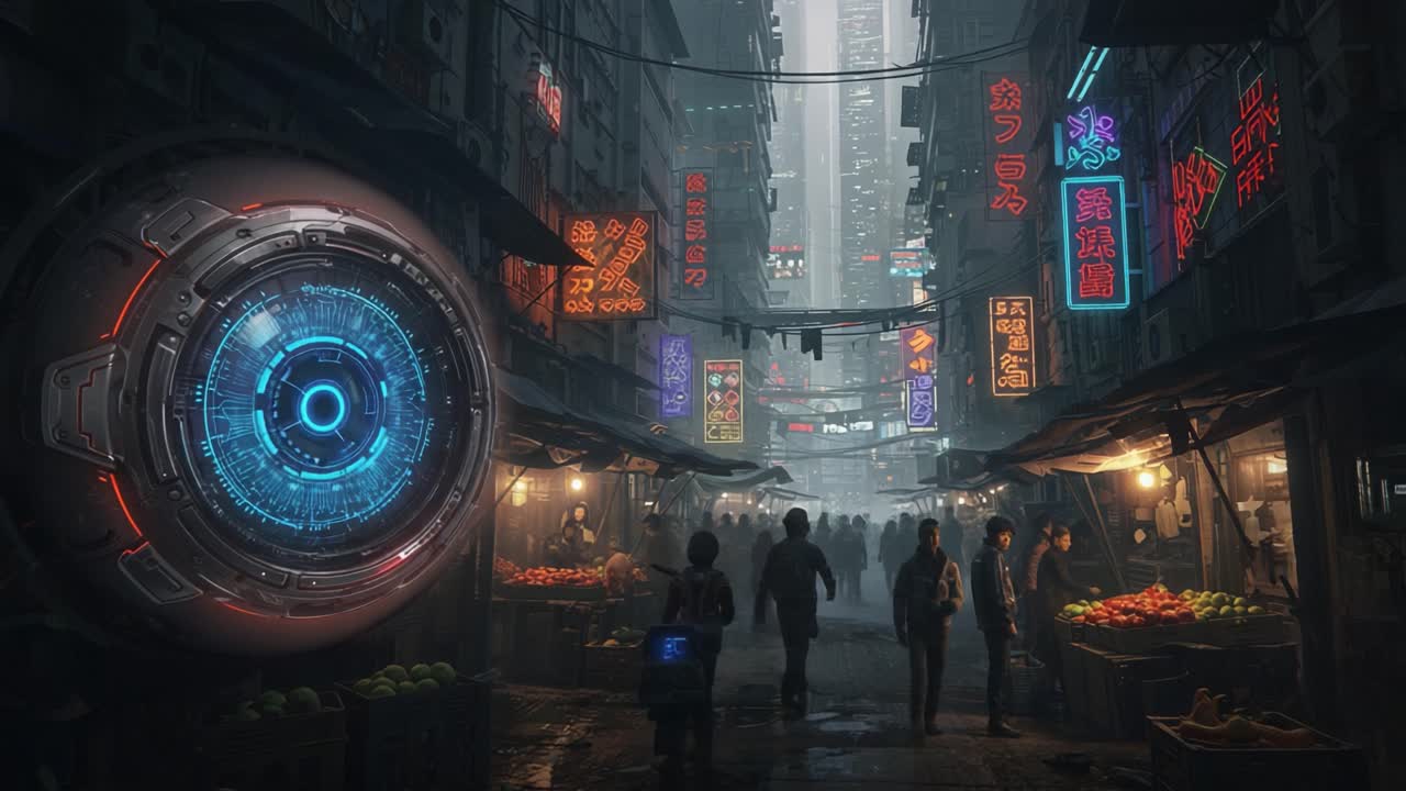 A Cyberpunk Marketplace: A Glimpse into a Futuristic Urban Environment Filled with Neon Lights and Bustling Activity in a Dystopian Setting
