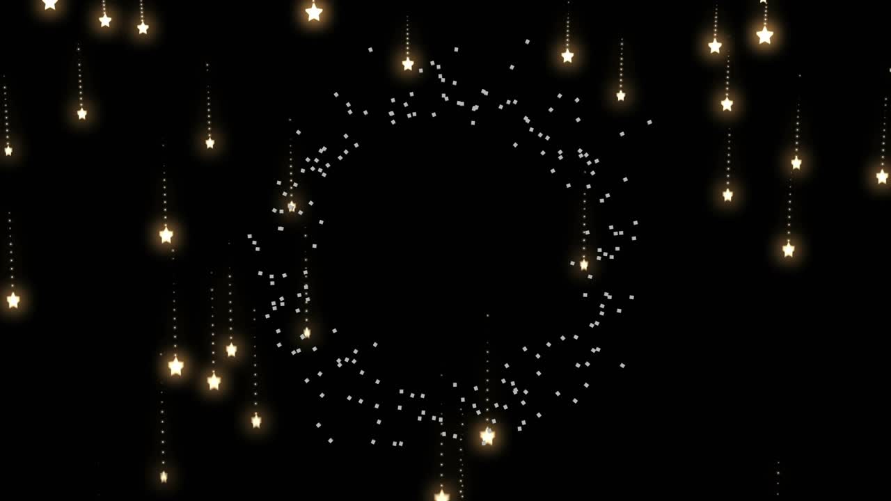 Emerging white point cluster pulsing ring as golden stars descending to illustrate particle motion