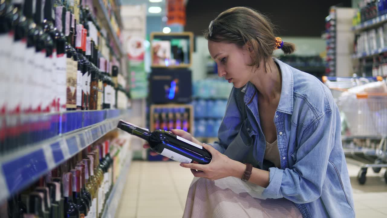 una chica con ropa casual elige vino en un supermercado. sostiene una botella de vino del estante inferior de la tienda. vista lateral