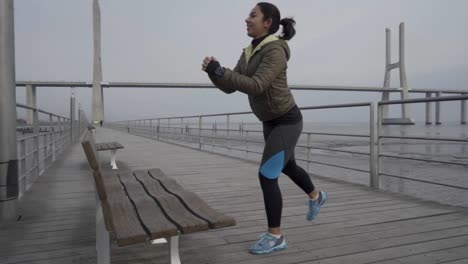 smiling hindu woman training on wooden pier