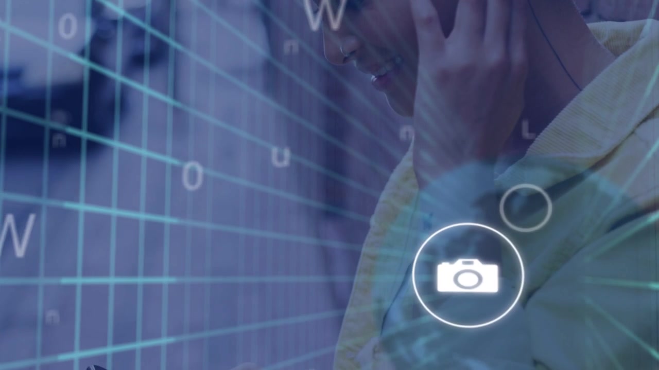Woman tapping phone in tech grid, icons appearing, swelling into chat while reacting to message