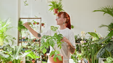 mujer examinando plantas en una tienda botánica