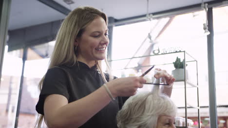 senior woman having hair cut by female stylist in hairdressing salon