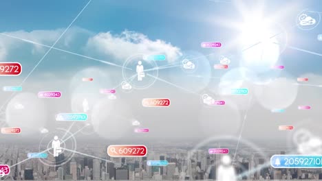 animation of network of connections and social media icons over cityscape