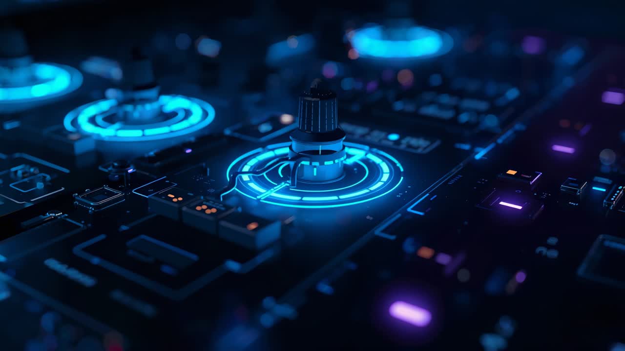 Powering up central knob pulsing neon-blue rings at console with secondary dial lighting for boot