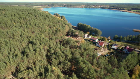 Vista-Aérea-Del-Bosque-Arbolado-Con-Edificios-Cerca-De-La-Costa-Del-Lago-Witoczno