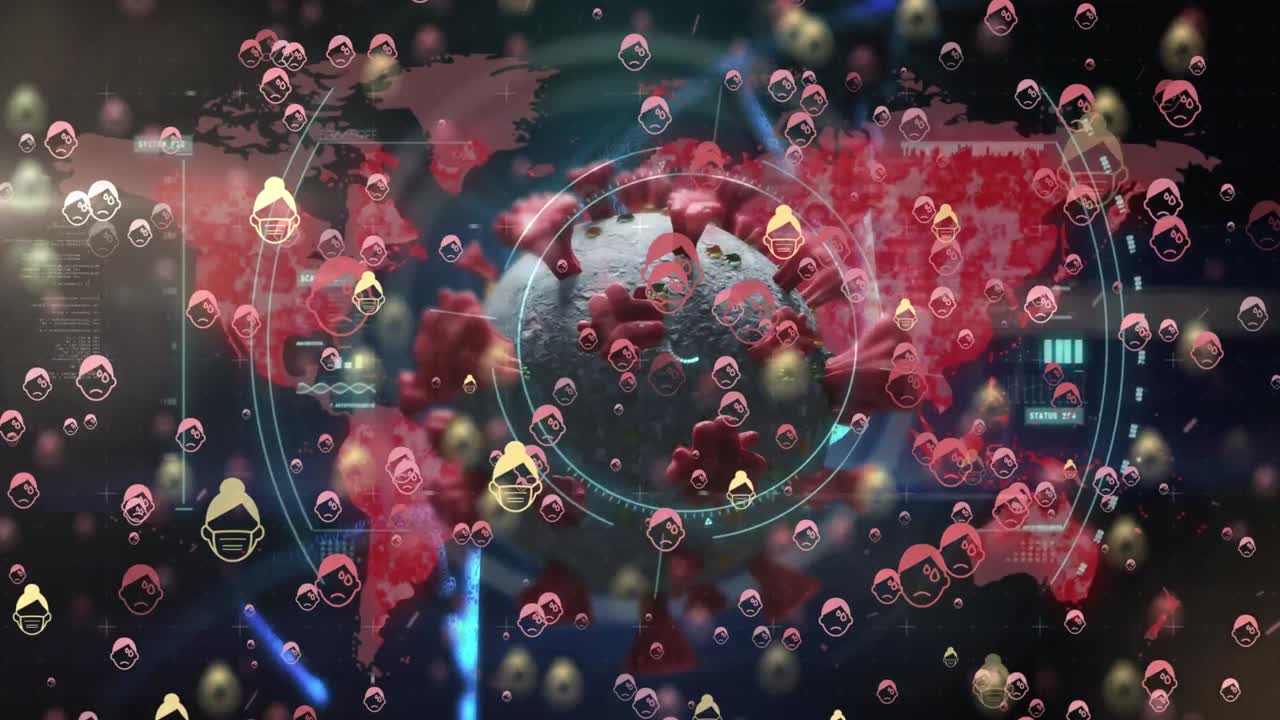 디지털 화면에서 얼굴 마스크와 바이러스의 아이콘의 애니메이션