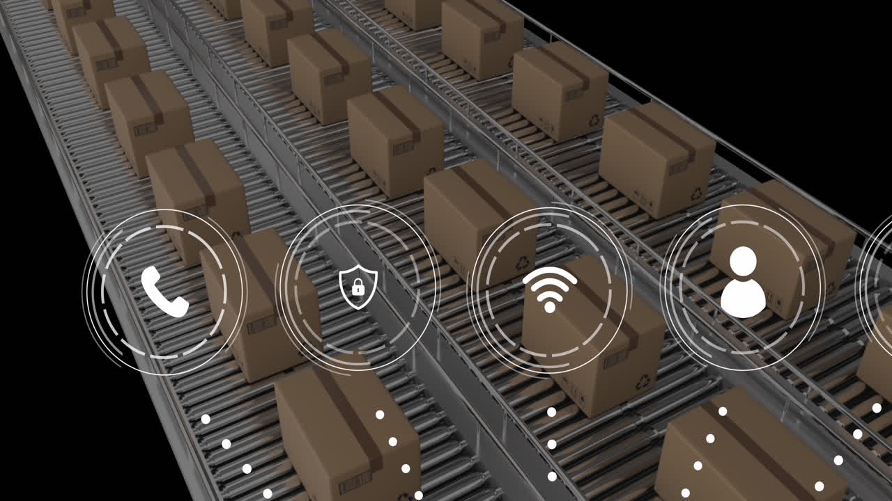 animación de datos e íconos sobre cajas de cartón en cintas transportadoras
