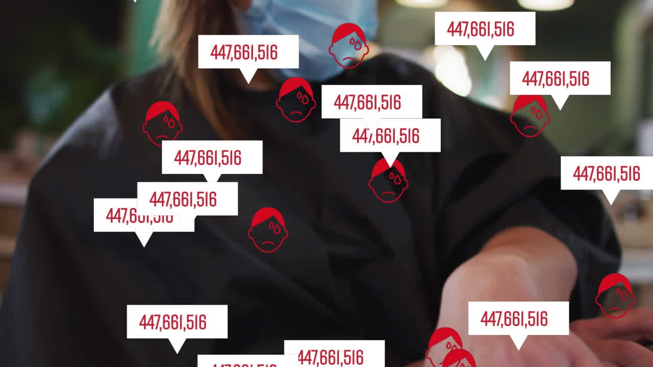 코로나바이러스 아이콘의 애니메이션 코카시안 여성이 헤어 살롱에서 얼굴 마스크를 쓰고 있습니다.