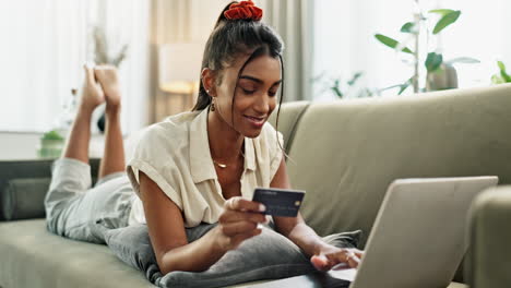 happy woman, credit card and laptop for online