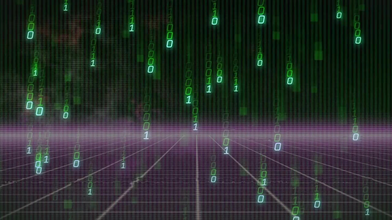 Green '1' flickering starting binary digits streaming down grid and scattering forming code rain
