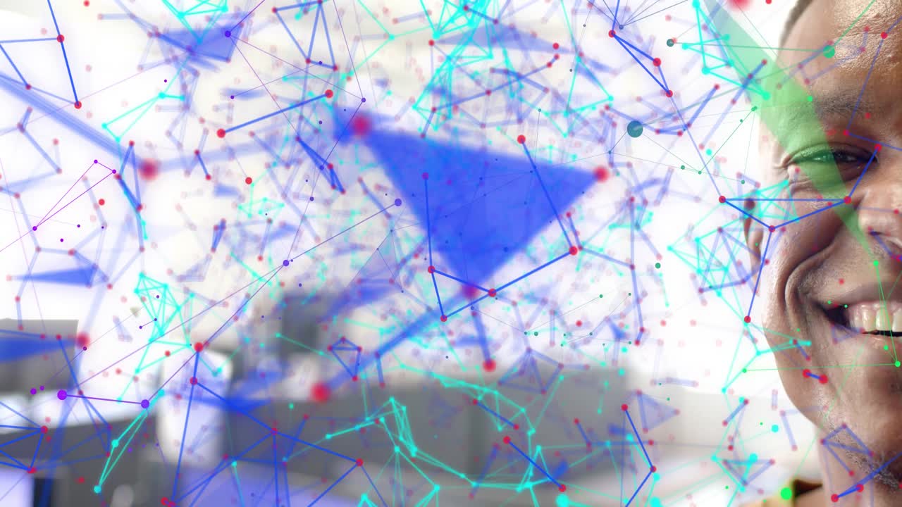 Office worker staying steady while teal node network drifting, revealing smiling face for tech demo