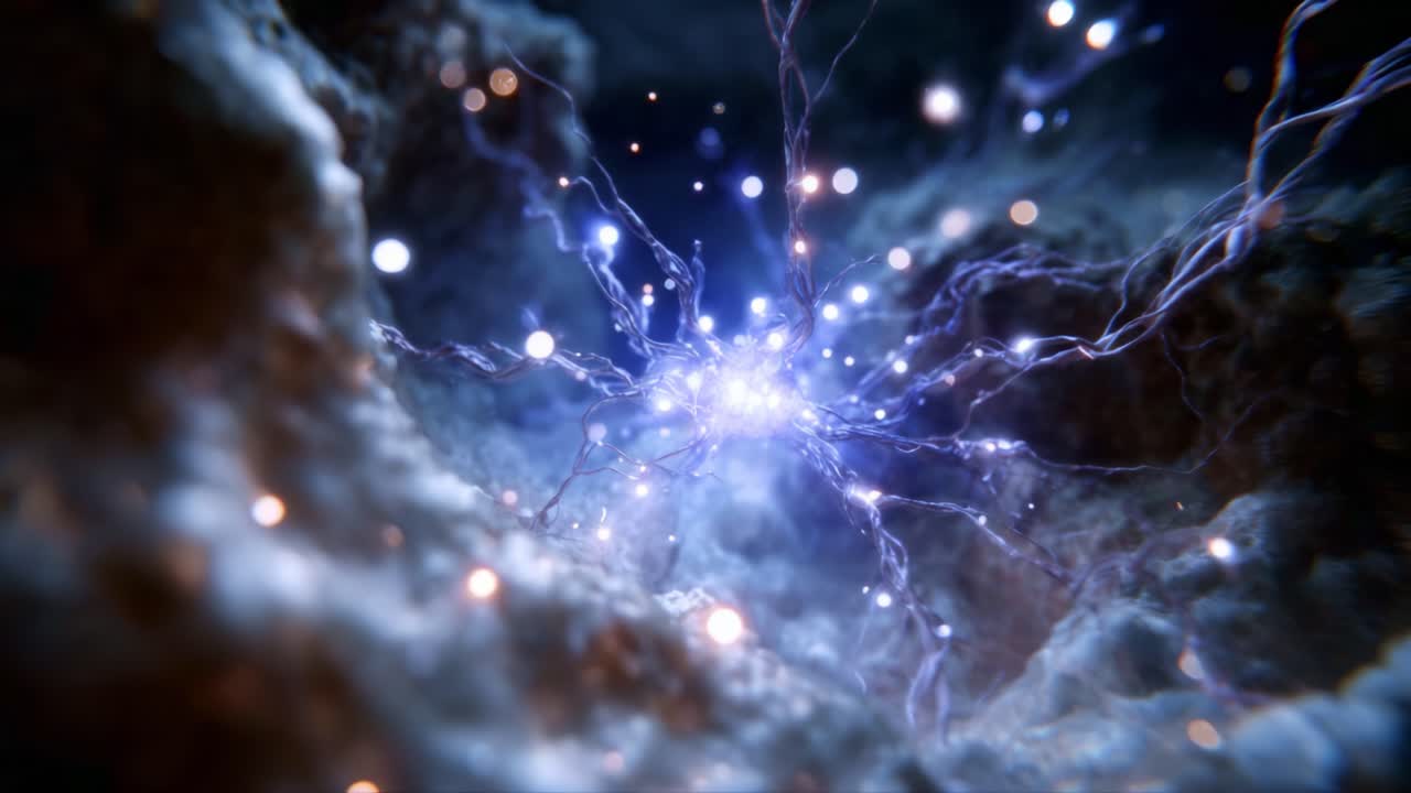 Un affascinante viaggio visivo attraverso le energie cosmiche, che mostra intricati giochi di luce e fenomeni celesti in una straordinaria rappresentazione astratta dell'universo