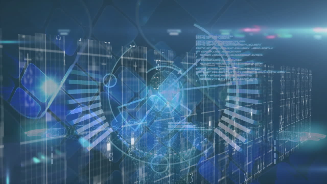 Animation of futuristic digital interface with geometric patterns in blue tones
