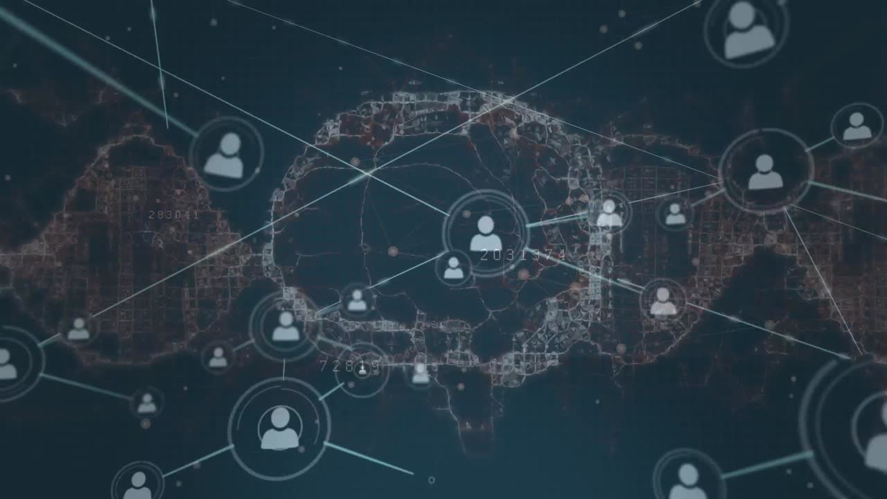 Animation of connections over brain and waves on black background