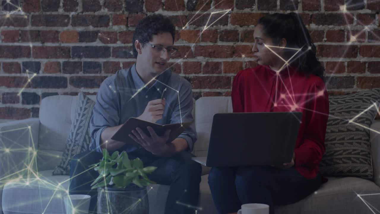 Animation of network of connections over business people working in office