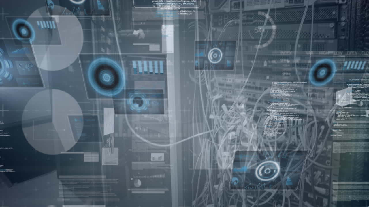 Animaton of round scanners and statistical data processing against close up of a computer server