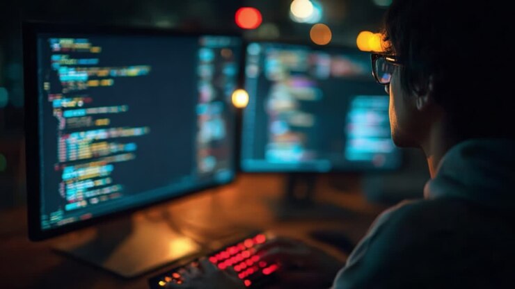 A Focused Programmer Engaged in Coding at Night, Illuminated by Computer Screens Displaying Colorful Lines of Code, Creating a Productive and Futuristic Atmosphere