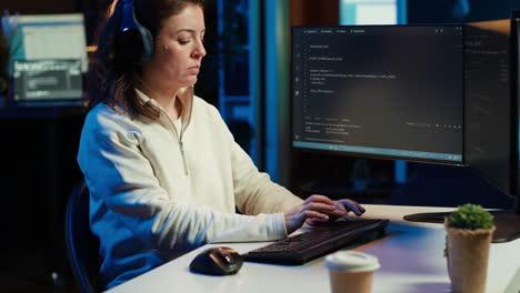 experto en ciberseguridad que usa auriculares y usa una computadora para parchear exposiciones de seguridad
