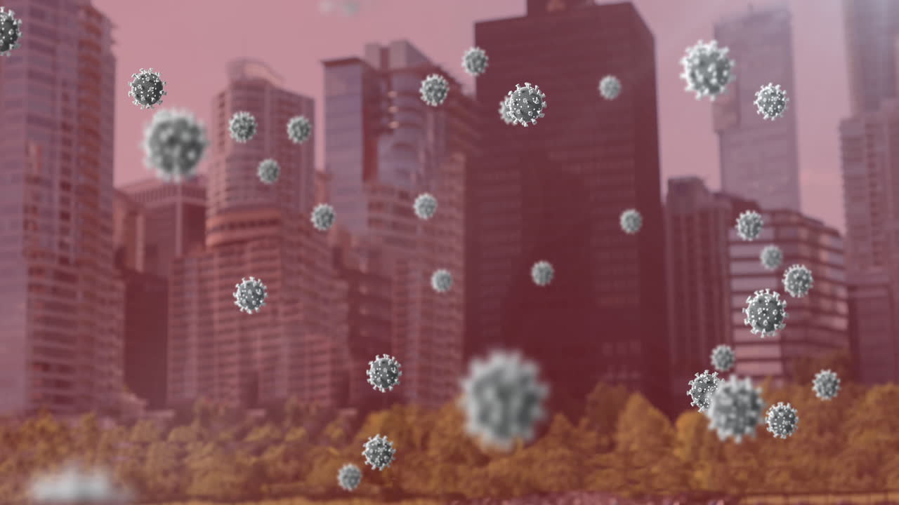 핑크색 배경에 도시 풍경 위에 떠다니는 코로나19 세포의 애니메이션
