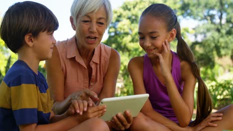 Grandmother-and-grand-kids-using-digital-tablet-in-the-park-4k