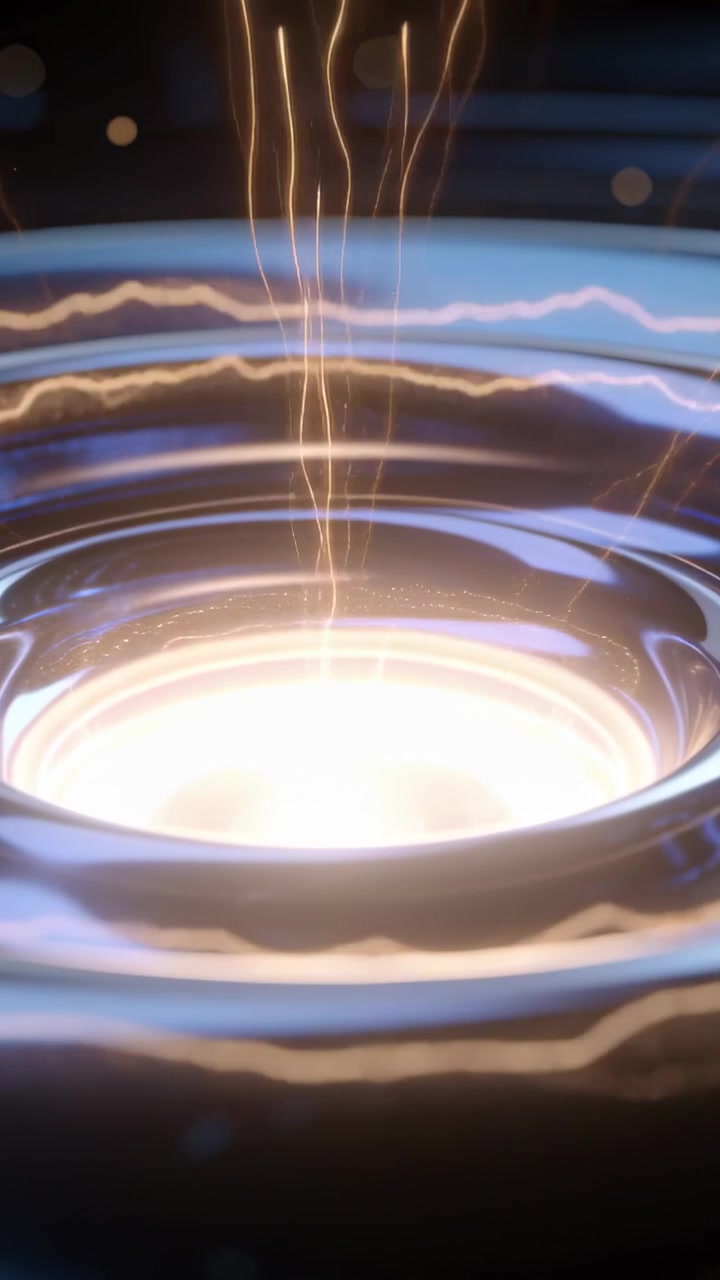 Vertical video: Brightening core emitting golden sparks across metal ringed basin, rippling rings