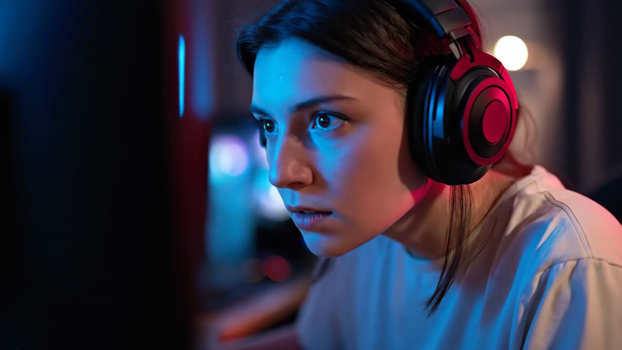 Focused woman using computer in dark room