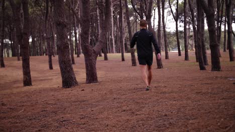 man walking lonely alone with pine tree forest surrounding him
