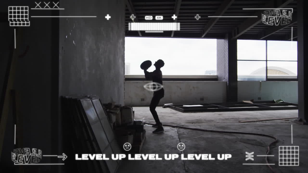 Person squatting in unfinished building with LEVEL UP LEVEL UP LEVEL UP animation
