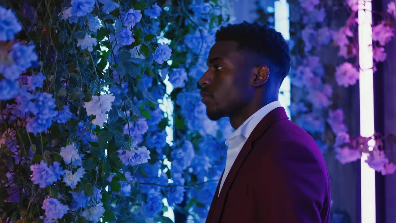 A man in a suit stands beside flowers
