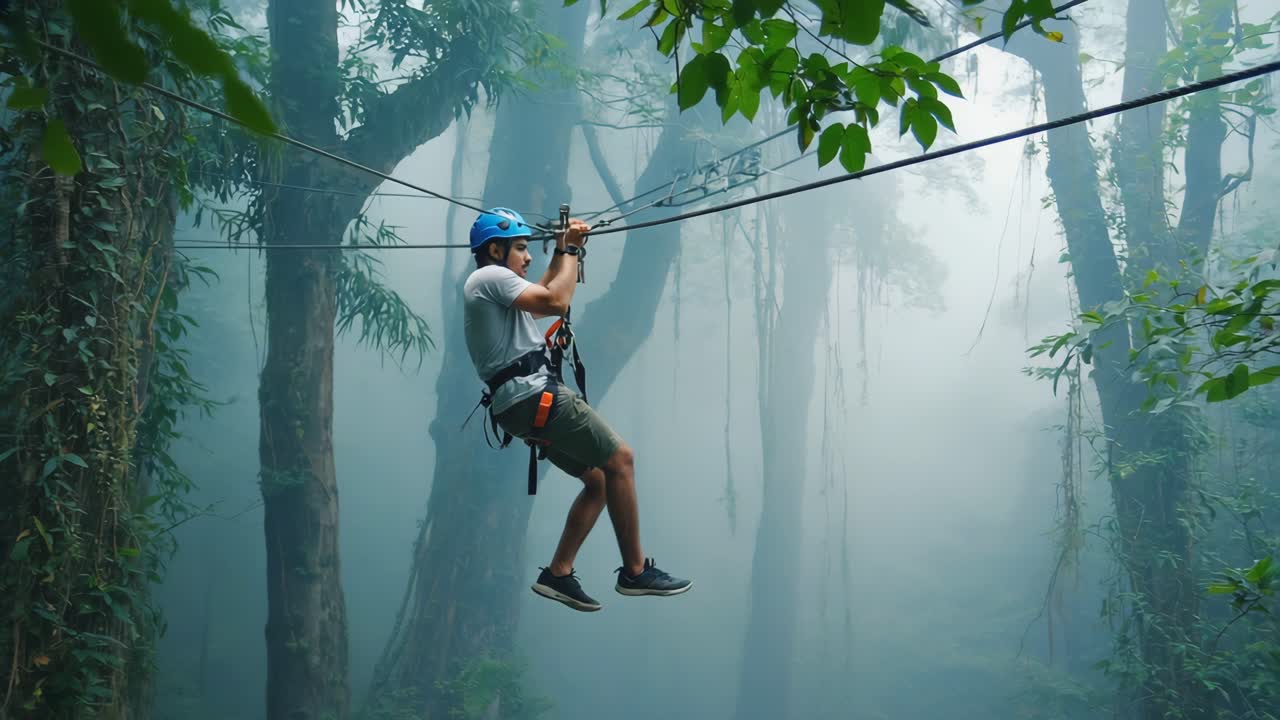 Man ziplining through a forest