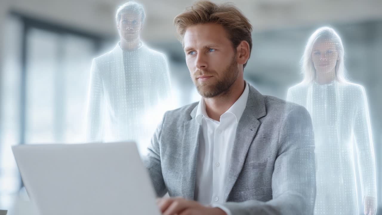 A Modern Professional Engaged with Digital Holograms While Working on a Laptop, Blending Technology and Human Interaction in a Futuristic Office Environment