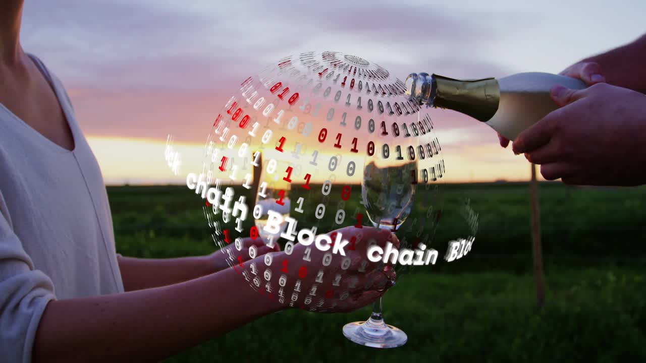 Man tilting bottle, pouring into woman's glass, blockchain binary orbiting glasses, toasting