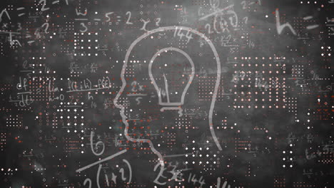 animation of mathematical equations floating over light bulb over human head model