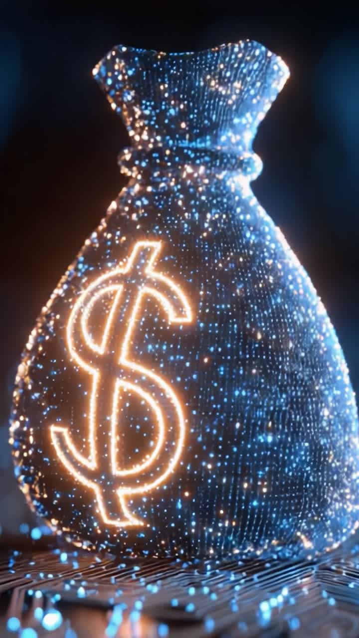 Una splendida borsa digitale piena di soldi illuminata da particelle luminose, che simboleggia ricchezza e prosperità, cattura l'essenza dell'abbondanza finanziaria in un design moderno e accattivante