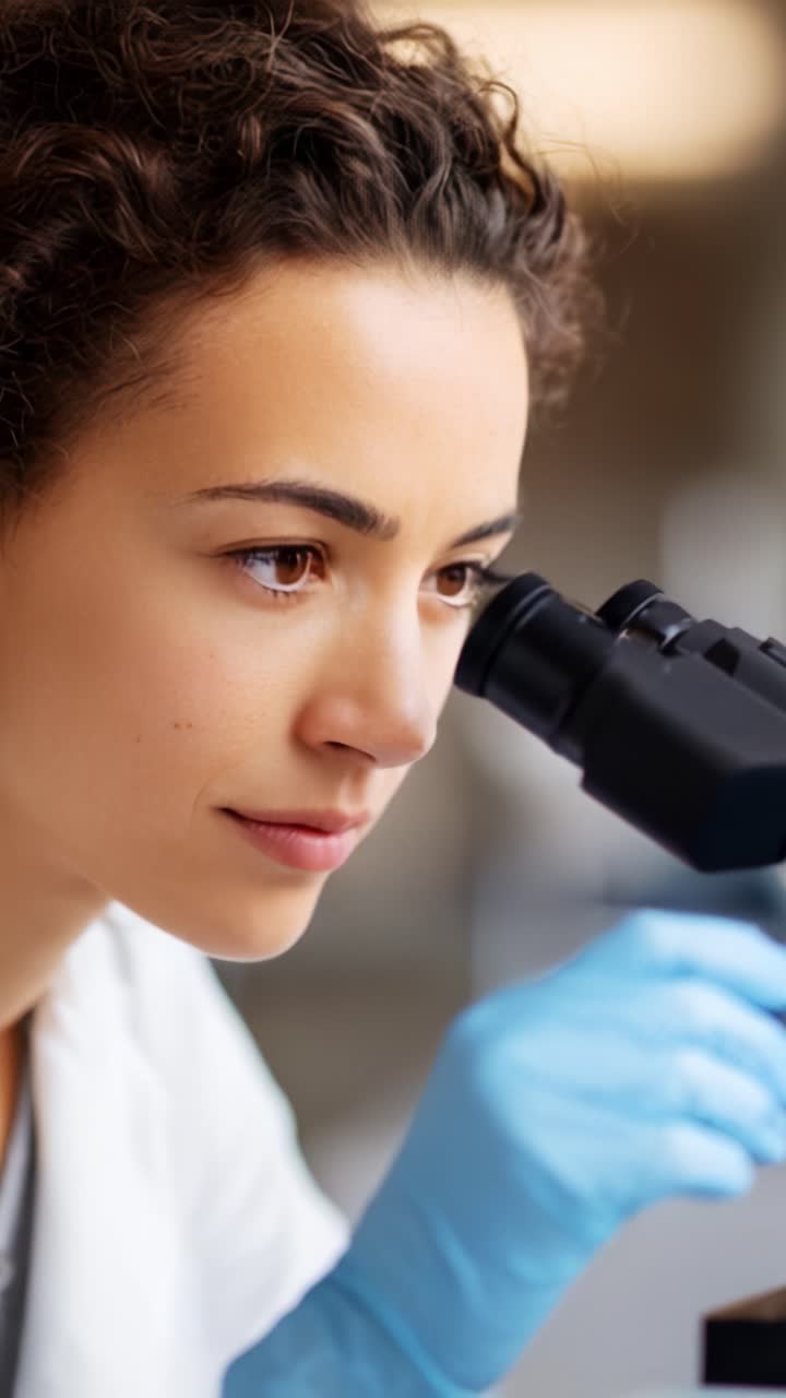 Scienziato concentrato che analizza campioni al microscopio in laboratorio, con illuminazione soffusa e attenzione ai dettagli