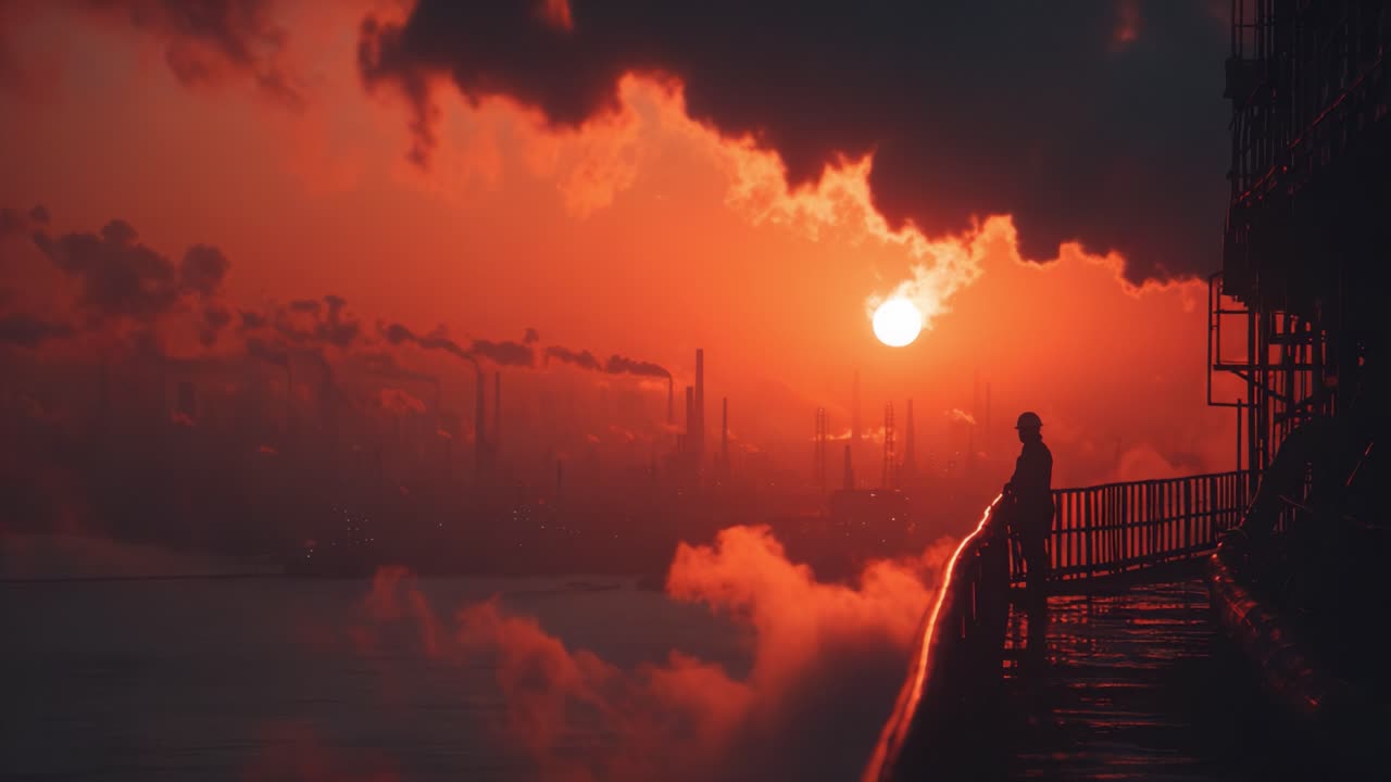 A Striking Sunset Over an Industrial Landscape, Featuring Silhouetted Figure and Smoky Clouds Enhancing the Dramatic Atmosphere of the Scene