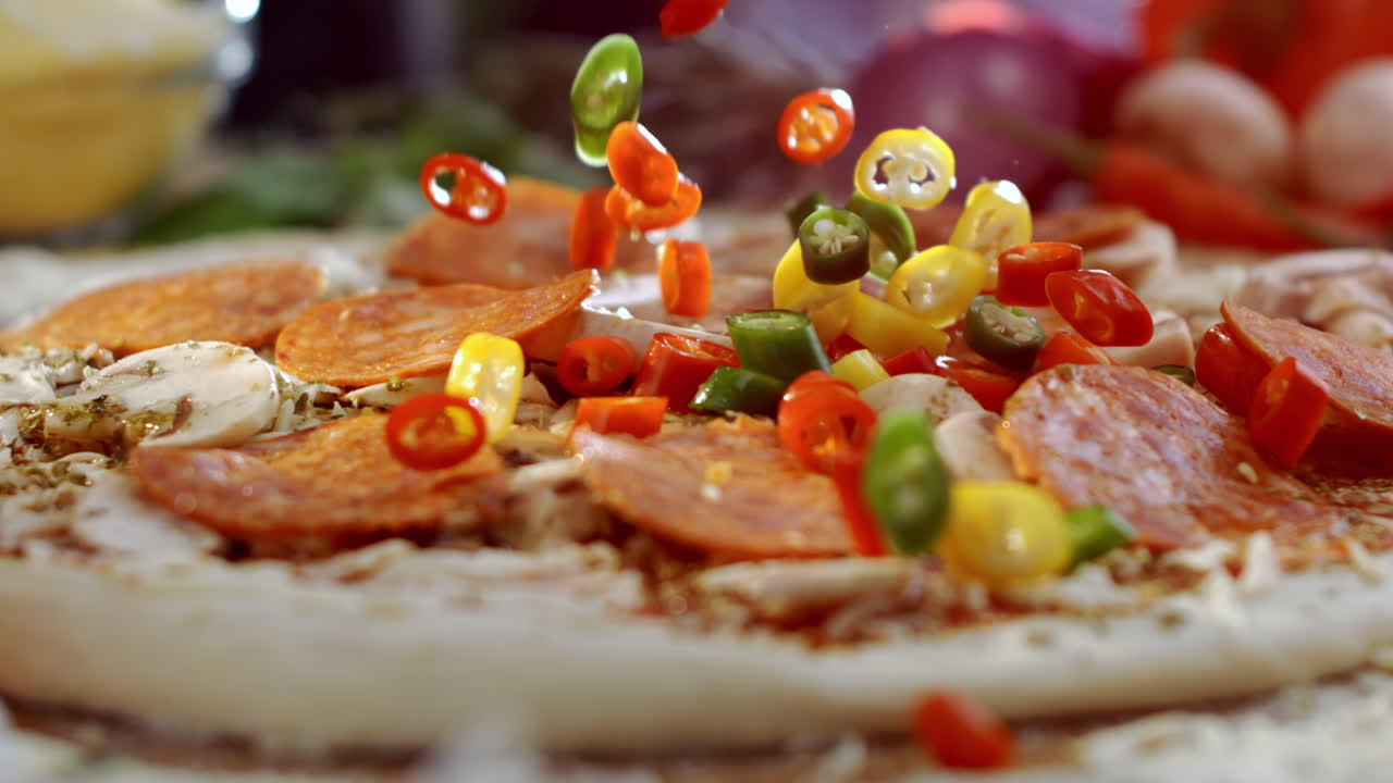 Pizza toppings falling onto a pizza