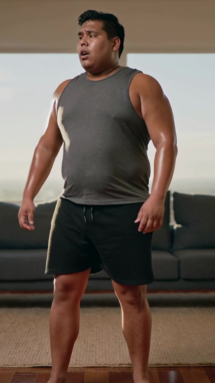 Video verticale: Uomo che ansima dopo l'allenamento, si riprende a casa in canotta grigia e pantaloncini, con divano e finestra.