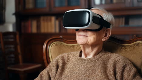 senior using vr headset at home