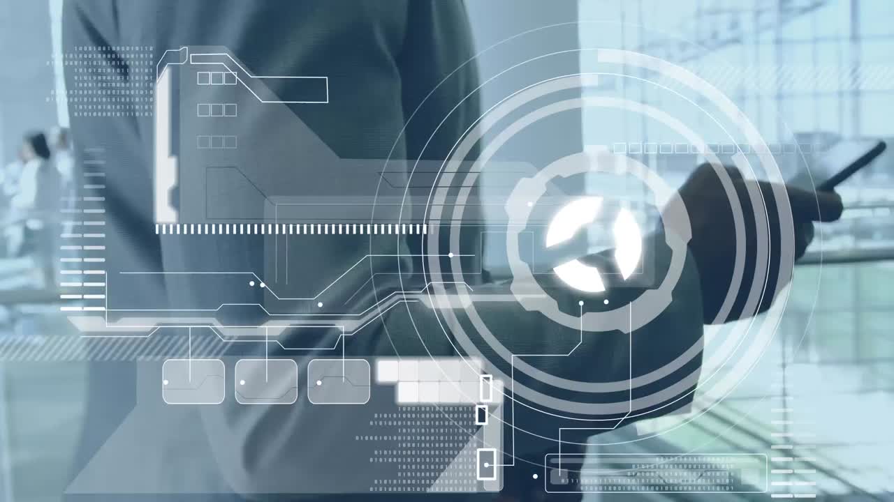 스마트 폰을 사용하는 사업가에 대한 스 ⁇  스캐닝 및 데이터 처리 애니메이션